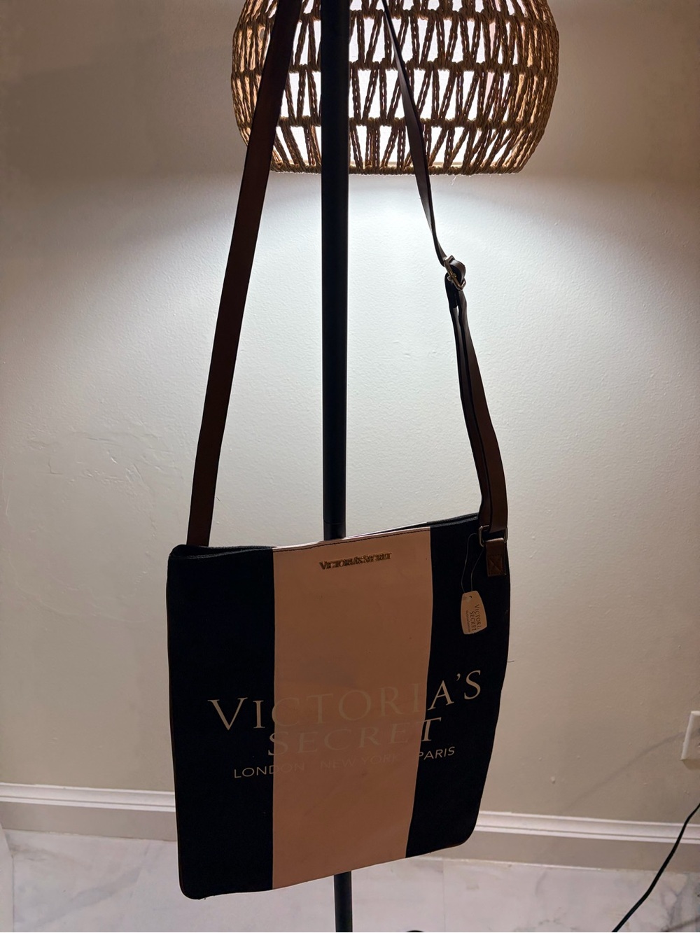 PINK Victoria's Secret Black and Cream Vertical Stripe Messenger Bag